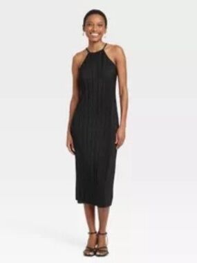 Elegant Black Halter Dress ribbed small slit in back midi length